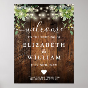 Rustic Wood String Lights Wedding Welcome Sign