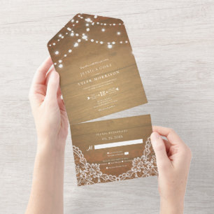 Rustic Wood String Lights White Lace All In One Invitation