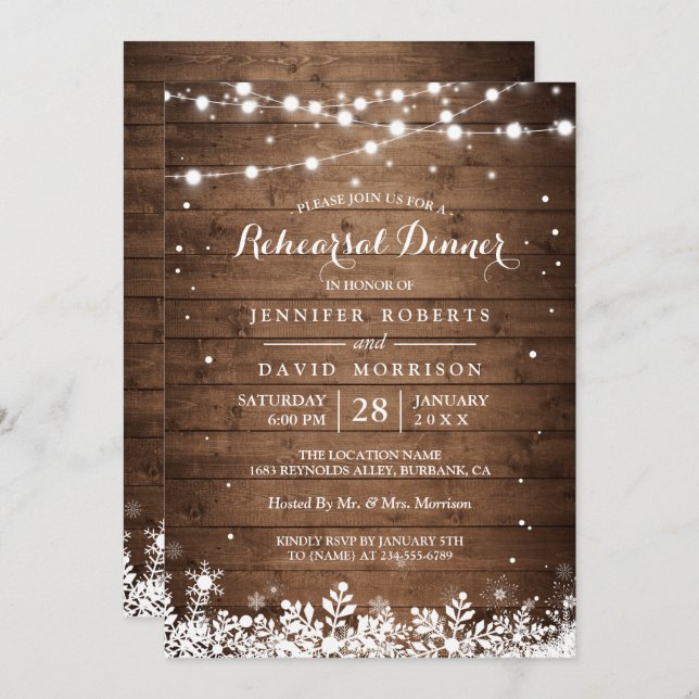 Rustic Wood String Lights Winter Rehearsal Dinner Invitation (Front/Back)
