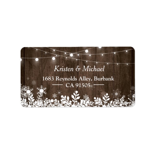Rustic Wood String Lights Winter Snowflakes Label (Front)