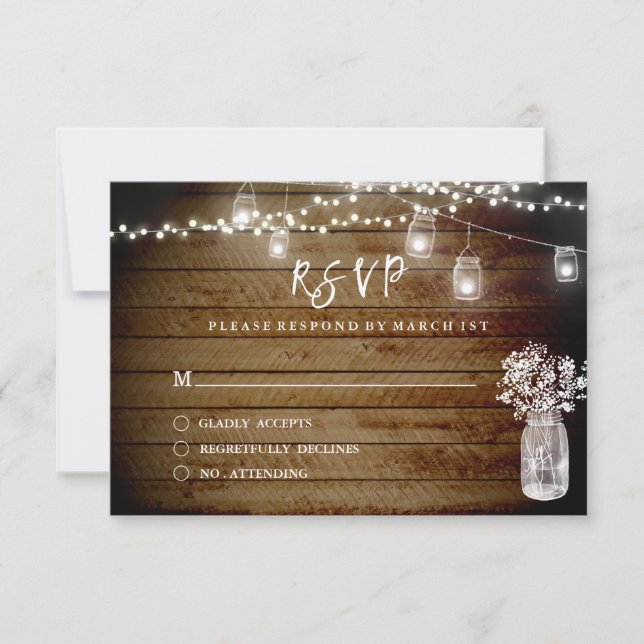 Rustic Wood String Lights Wood Mason RSVP Card (Front)
