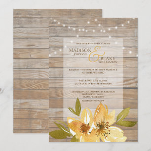 Rustic Wood String Lights Yellow Floral Wedding Invitation