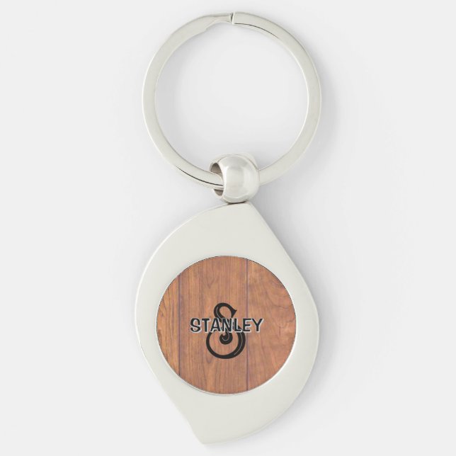 Rustic Wood-Style Personalised Metal Keychain (Front)
