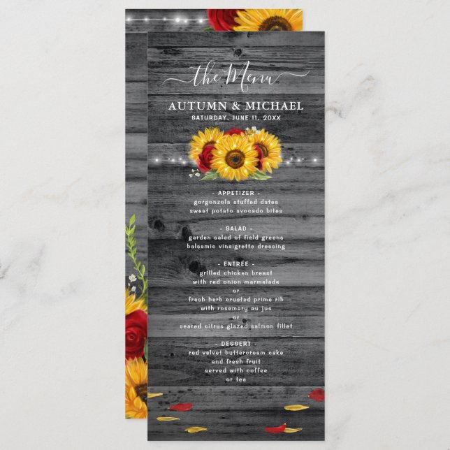 Rustic Wood Sunflower and Red Rose Wedding Menu (Front/Back)
