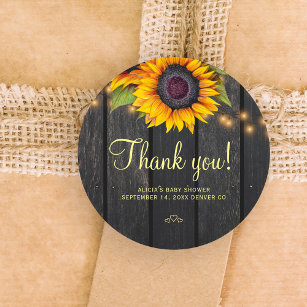Rustic wood sunflower baby shower thank you classic round sticker