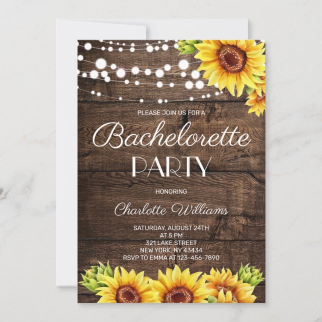 Rustic Wood Sunflower Bachelorette Party Invitation (Front)