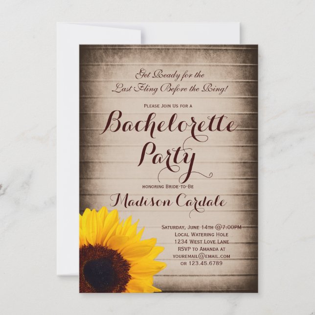 Rustic Wood Sunflower Bachelorette Party Invites (Front)
