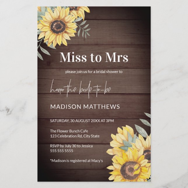 Rustic Wood Sunflower Bridal Shower Invitation (Front)