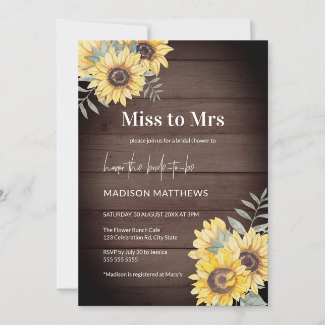 Rustic Wood Sunflower Bridal Shower Miss to Mrs Invitation (Front)