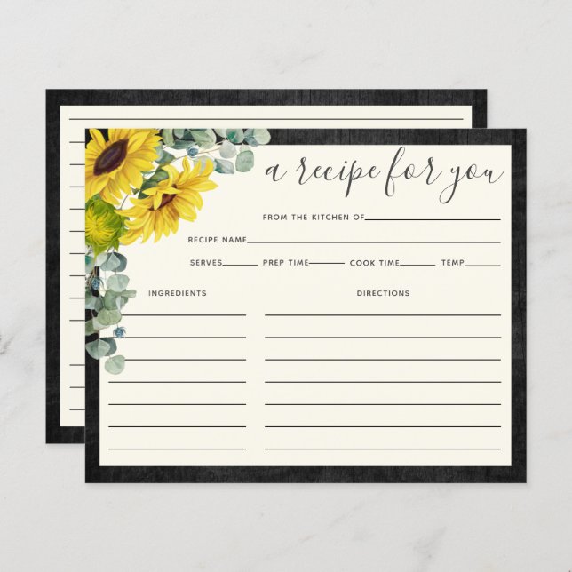 Rustic Wood Sunflower Bridal Shower Recipe Card (Front/Back)