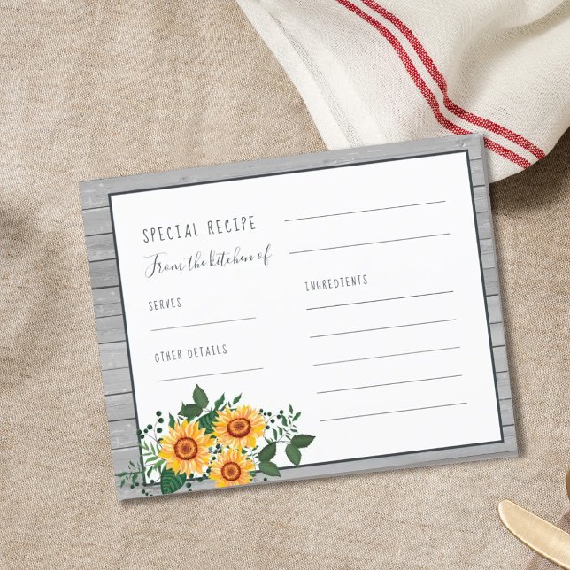 Rustic wood sunflower bridal shower recipe card (Creator Uploaded)