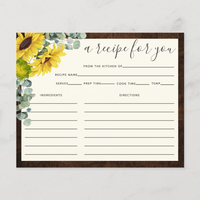 Rustic Wood Sunflower Bridal Shower Recipe Card (Front)