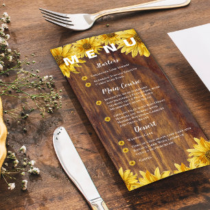 Rustic Wood Sunflower Bright Yellow Wedding Party Menu