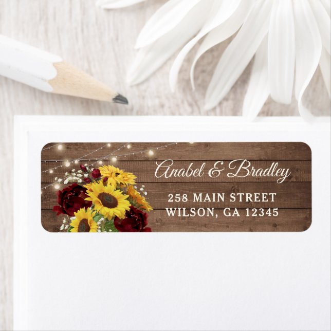 Rustic Wood Sunflower Burgundy Address Label (Insitu)