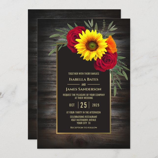 Rustic Wood Sunflower Burgundy Rose Wedding Invitation (Front/Back)