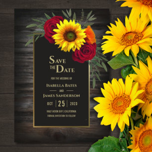 Rustic Wood Sunflower Burgundy Rose Wedding Save The Date