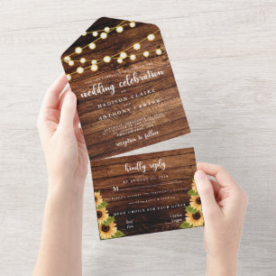 Rustic Wood Sunflower Calligraphy Photo Wedding All In One Invitation