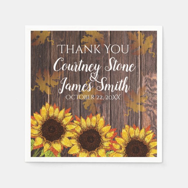 Rustic Wood & Sunflower | Country Wedding Napkin (Front)