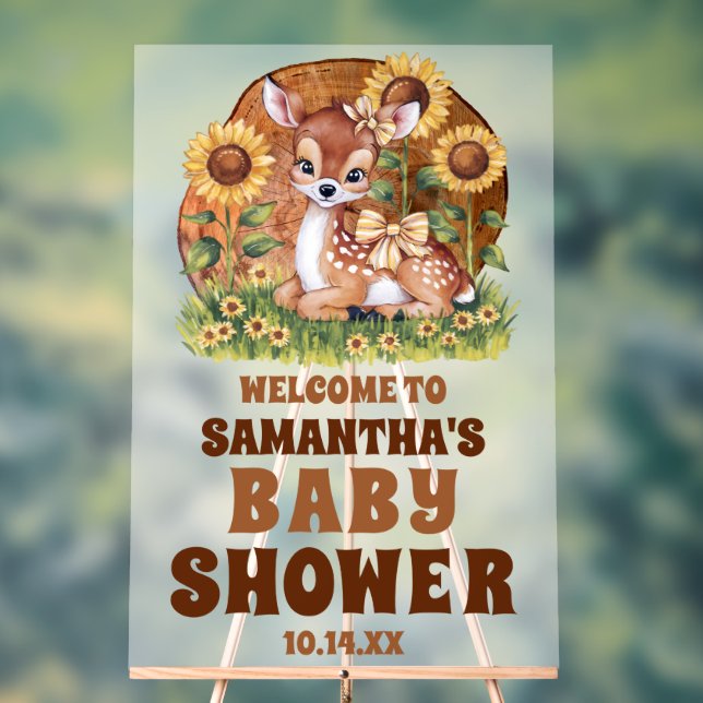 Rustic Wood Sunflower Deer Baby Shower Welcome Acrylic Sign (Neutral)