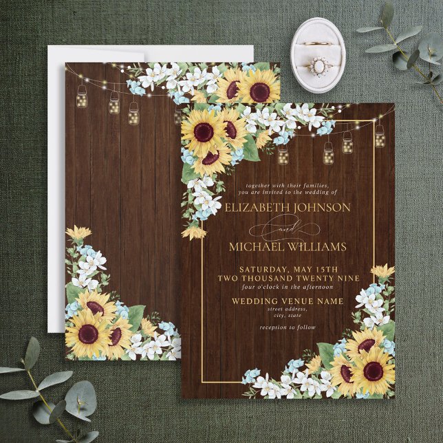 Rustic Wood Sunflower Dusty Blue Floral Wedding In Invitation (Creator Uploaded)