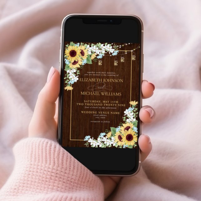 Rustic Wood Sunflower Dusty Blue Floral Wedding In Invitation (Creator Uploaded)