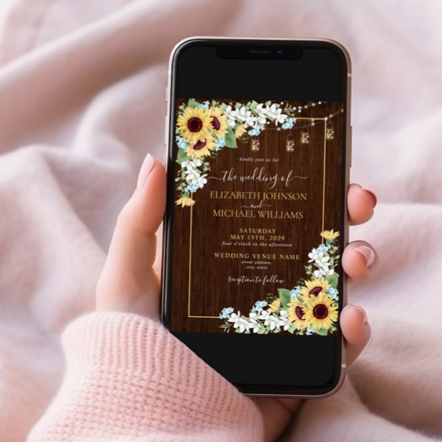 Rustic Wood Sunflower Dusty Blue Floral Wedding Invitation (Creator Uploaded)