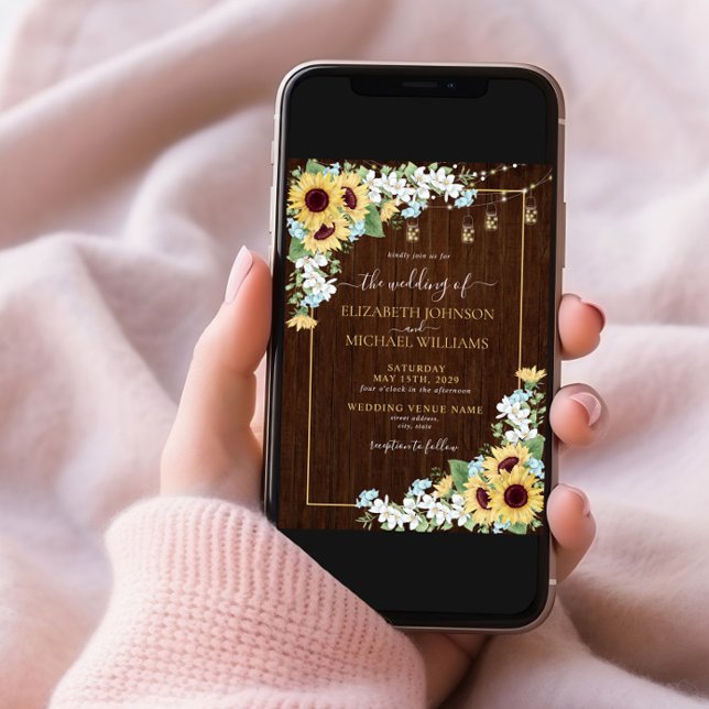 Rustic Wood Sunflower Dusty Blue Photo Wedding Invitation (Creator Uploaded)