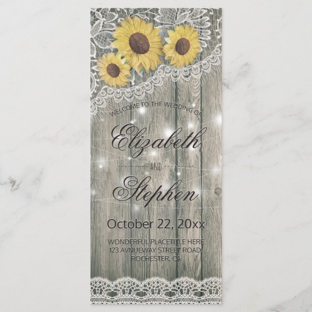 Rustic Wood Sunflower Elegant Lace Wedding Program Programme (Front)