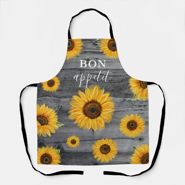 Rustic Wood Sunflower Floral Bon Appetit Chef Apron (Front)