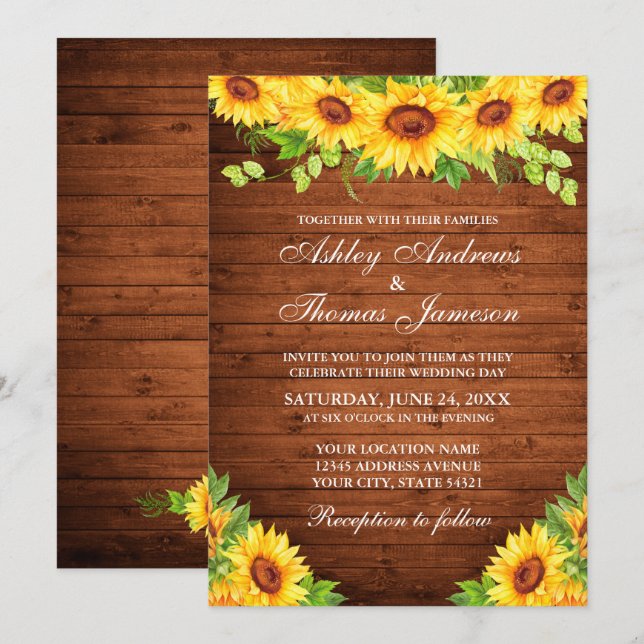 Rustic Wood Sunflower Floral Greenery Invitation (Front/Back)