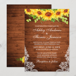 Rustic Wood Sunflower Floral Greenery Lace Invitation