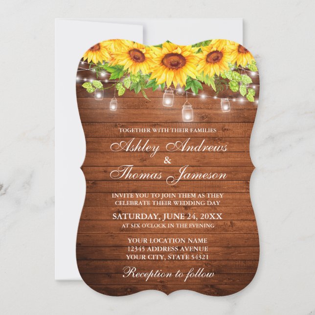 Rustic Wood Sunflower Floral Mason Jar Lights Invitation (Front)
