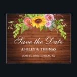 Rustic Wood Sunflower Floral Save The Date Invitation Postcard<br><div class="desc">Rustic Wood,  Watercolor Sunflower Floral with Roses,  Peonies and Greenery Save The Date Engagement Postcard</div>