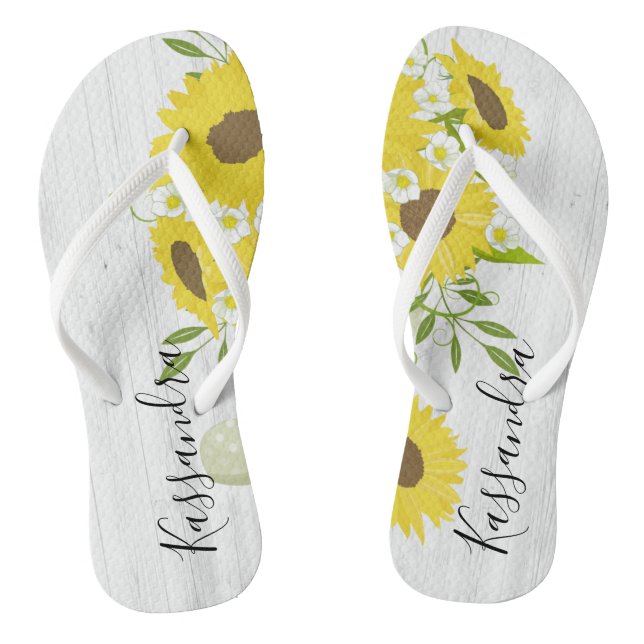 Rustic Wood Sunflower Flowers Flip Flops (Footbed)