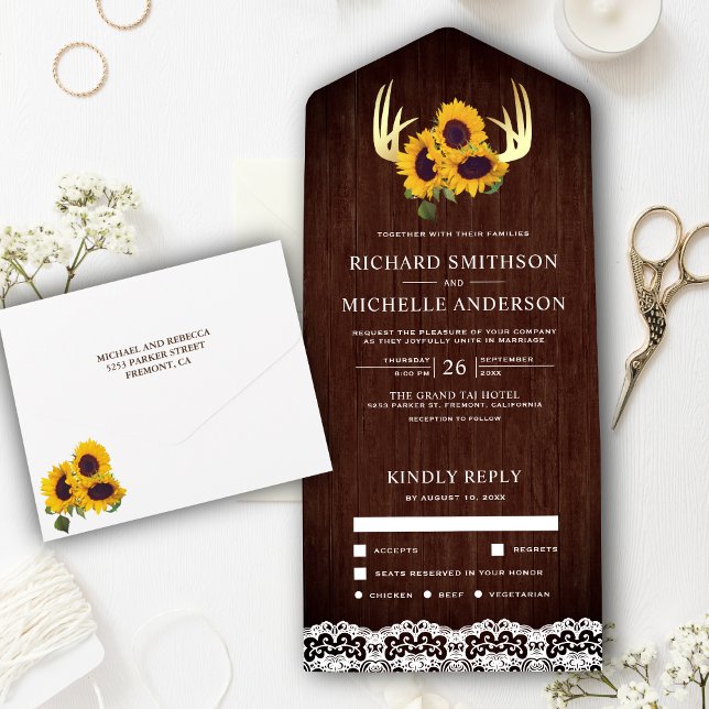 Rustic Wood Sunflower Gold Deer Antlers Wedding All In One Invitation (Creator Uploaded)
