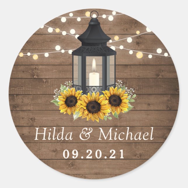 Rustic Wood Sunflower Lantern String Lights Classic Round Sticker (Front)