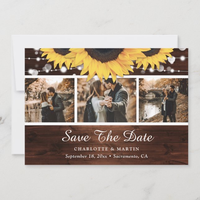 Rustic Wood Sunflower Lights Wedding Photo Collage Save The Date (Front)