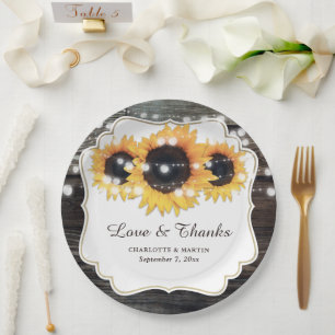 Rustic Wood Sunflower Love and Thanks Wedding Paper Plate