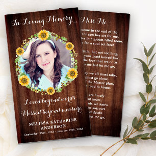 Rustic Wood Sunflower Memorial Photo Prayer Card