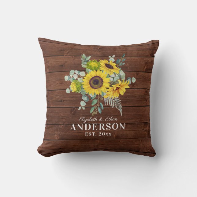 Rustic Wood Sunflower Mr Mrs Newlywed Cushion (Front)