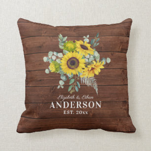 Rustic Wood Sunflower Mr Mrs Newlywed Cushion