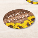 Rustic Wood Sunflower Personalised Wedding Favour Round Paper Coaster<br><div class="desc">Rustic wood print with sunny sunflowers with modern names and date paper coasters for wedding favour.</div>