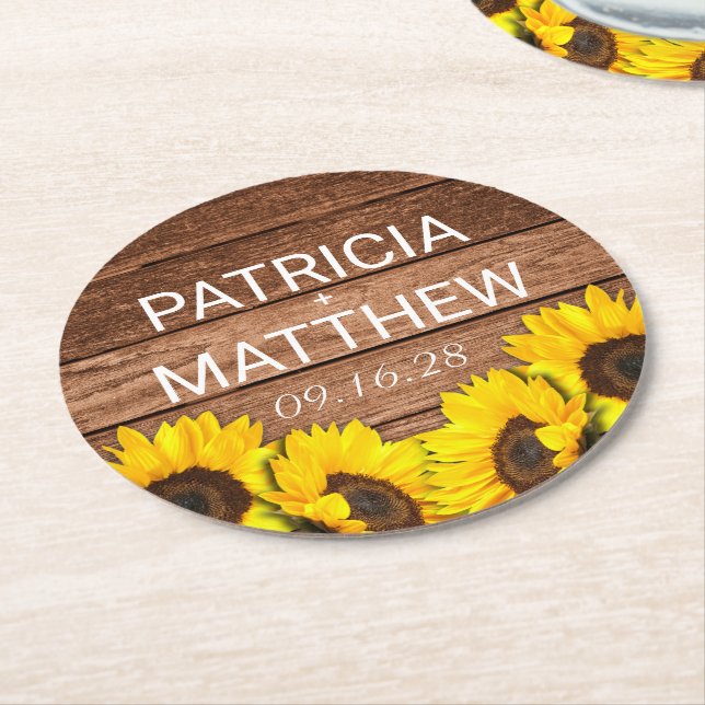 Rustic Wood Sunflower Personalised Wedding Favour Round Paper Coaster (Angled)