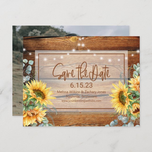 Rustic Wood Sunflower Photo Save the Date (Front/Back)