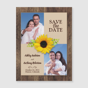 Rustic Wood Sunflower Photo Save the Date Magnet