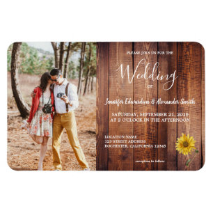 Rustic wood sunflower photo Wedding invitation Magnet