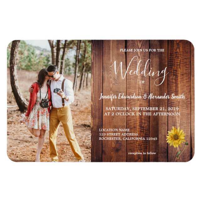 Rustic wood sunflower photo Wedding invitation Magnet (Horizontal)