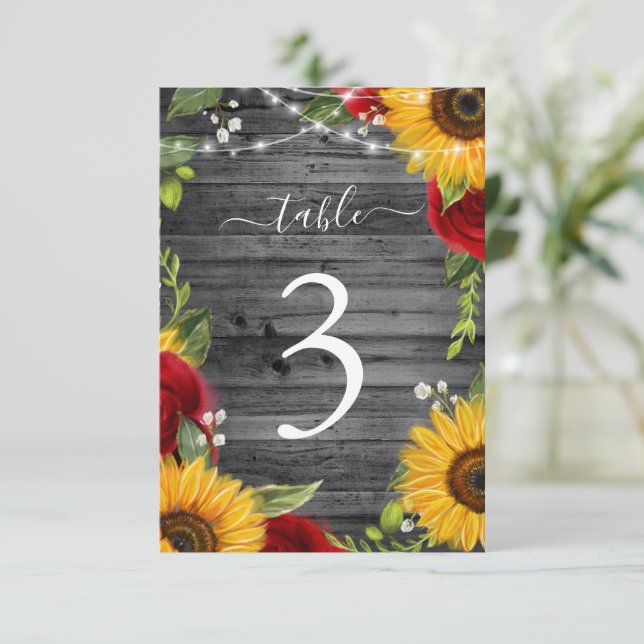Rustic Wood Sunflower Red Rose Wedding Table Cards (Standing Front)