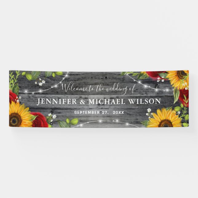 Rustic Wood Sunflower Red Rose Welcome Wedding Banner (Horizontal)