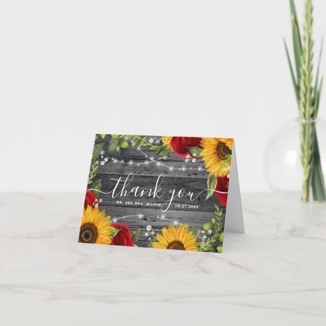 Rustic Wood Sunflower Rose Wood Wedding Thank You Holiday Card (Front)